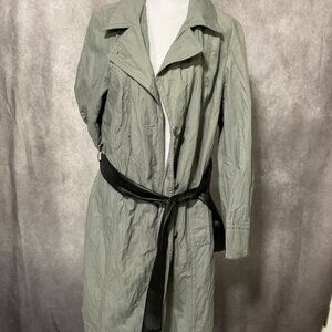 J Jill Size Medium Gray Trench Coat Belted Button Crinkle Long Jacket